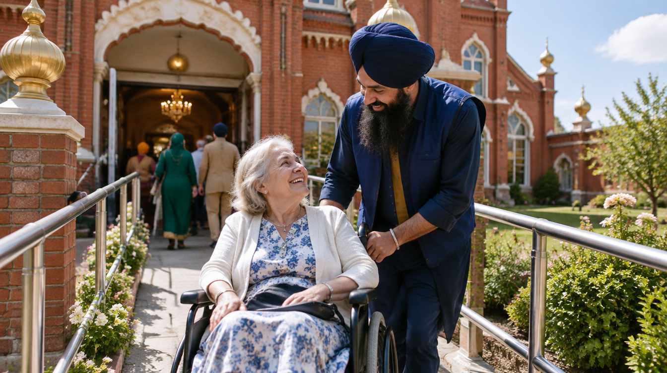 Concept scene of Sikh volunteers supporting a British wheelchair user outside a gurdwara