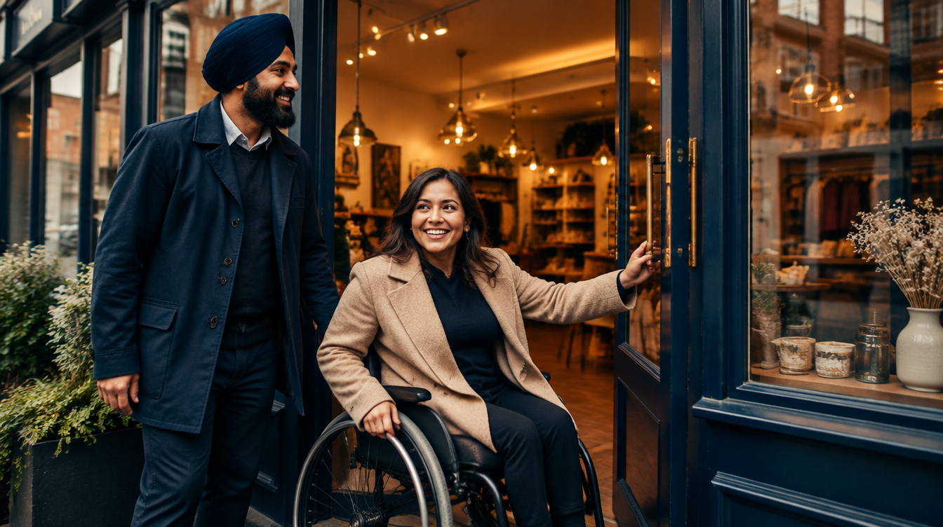 Entrepreneur using a wheelchair with a supporter outside a small business