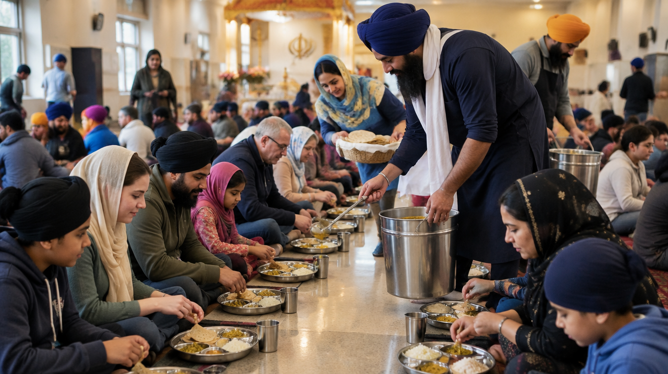 Concept scene of diverse neighbours sharing vegetarian langar in a gurdwara hall