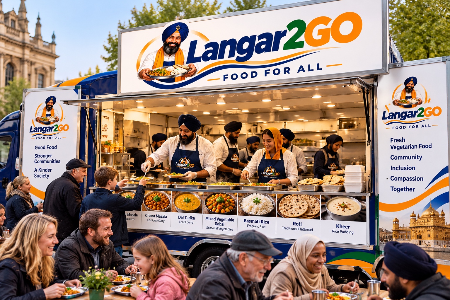 Supplied Langar2Go branded truck concept with volunteers serving vegetarian food to a British community